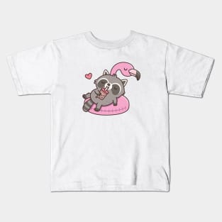 Cute Raccoon Chilling on Flamingo Pool Float Kids T-Shirt